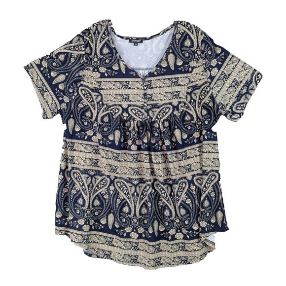 U.Vomade Womens Plus‎ Pullover Tunic Blouse Top V Neck Tan Black Stretch Size 3X - Picture 1 of 9